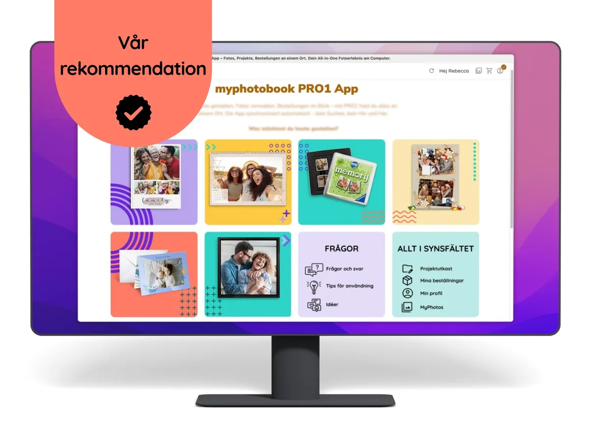 Monitormockup som visar startskärmen för PRO1 Desktop App