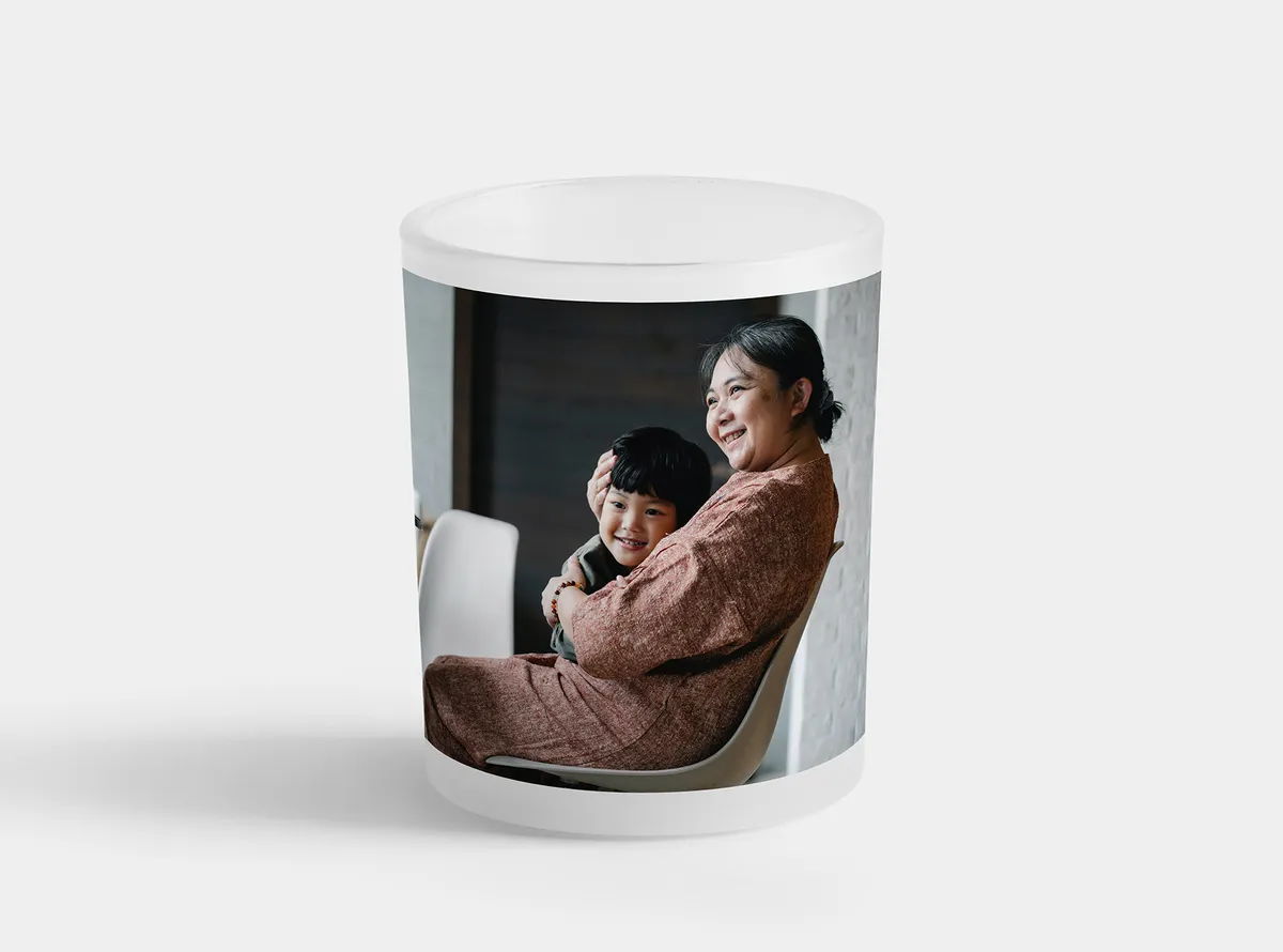 Glas Windlicht mit einem Foto von Mutter und Sohn