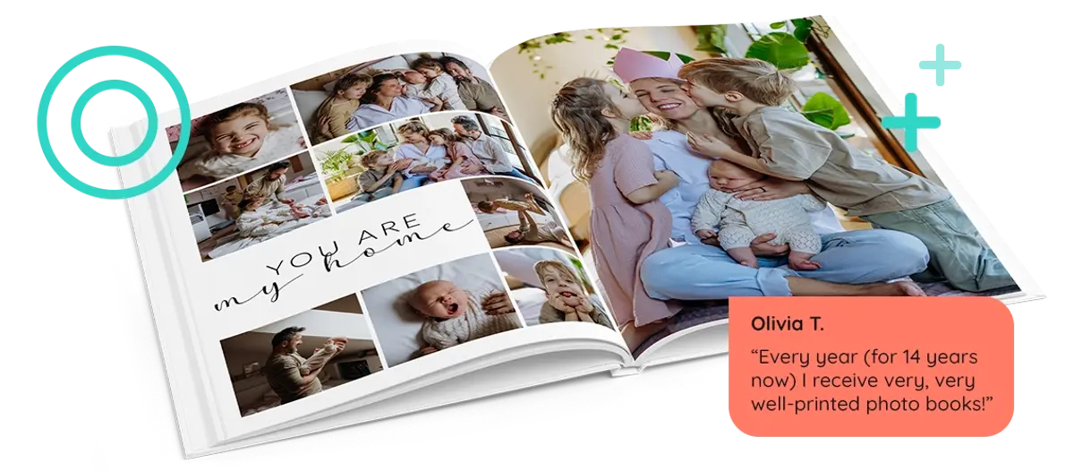 Open A4 portrait hardcover photo book with family photos, placed behind a customer review